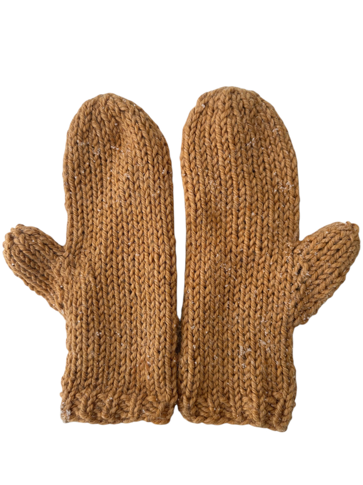 Oak Crest Alpacas and More hand knit straw-colored 100% alpaca wool mittens resting on fresh white snow