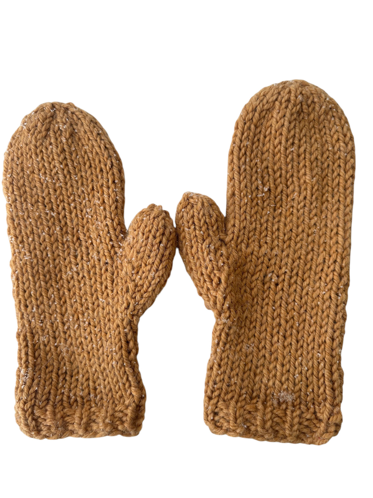 Oak Crest Alpacas and More straw-colored hand-knit 100% alpaca wool mittens resting on fresh white snow.