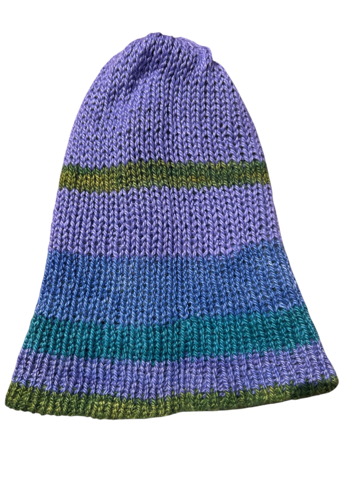 Oak Crest Alpacas and More reversible double knit alpaca hat in purple, blue, and green stripes