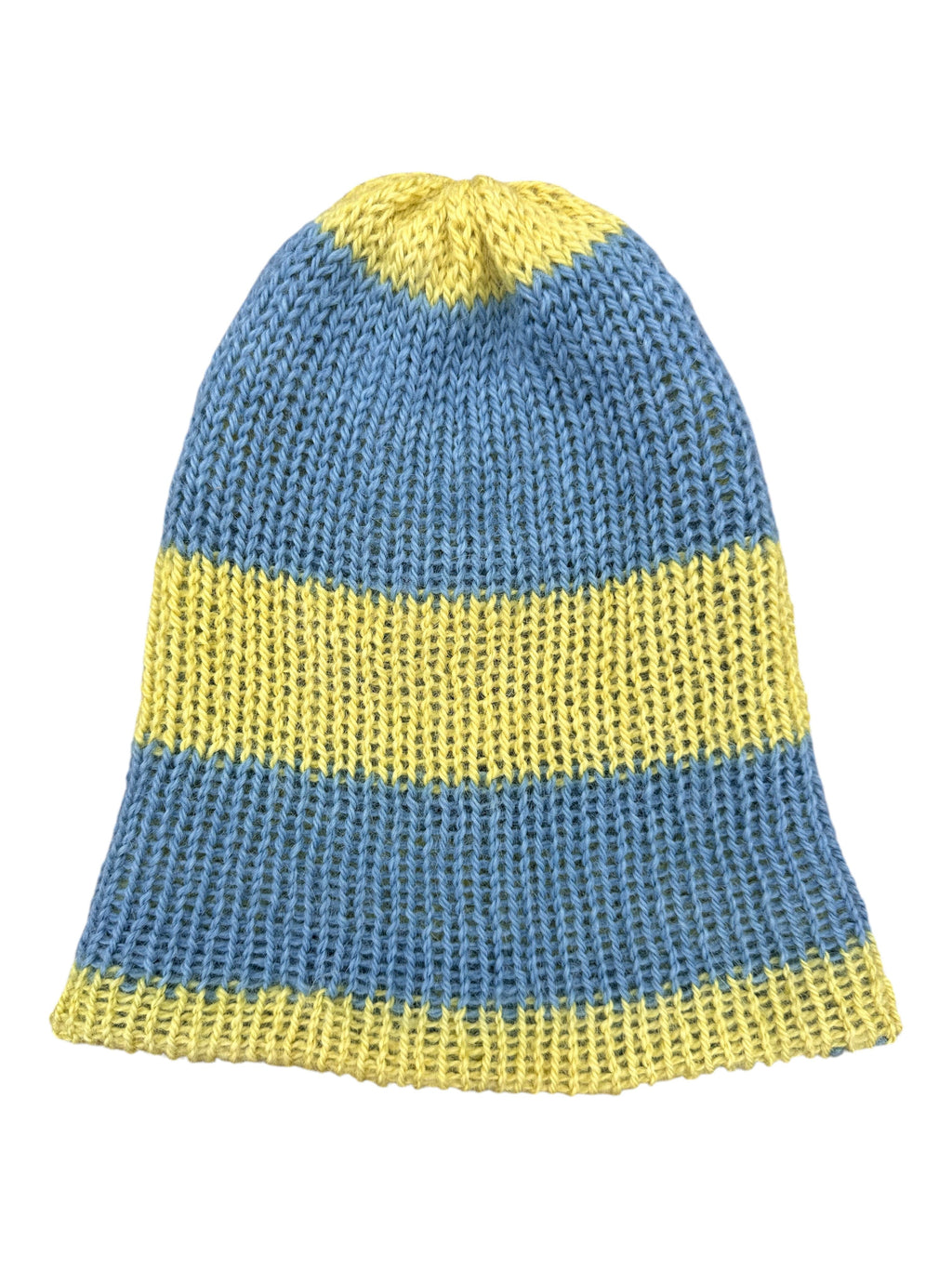 Oak Crest Alpacas and More double knit 100% alpaca hat in blue and yellow stripes with a fold over brim