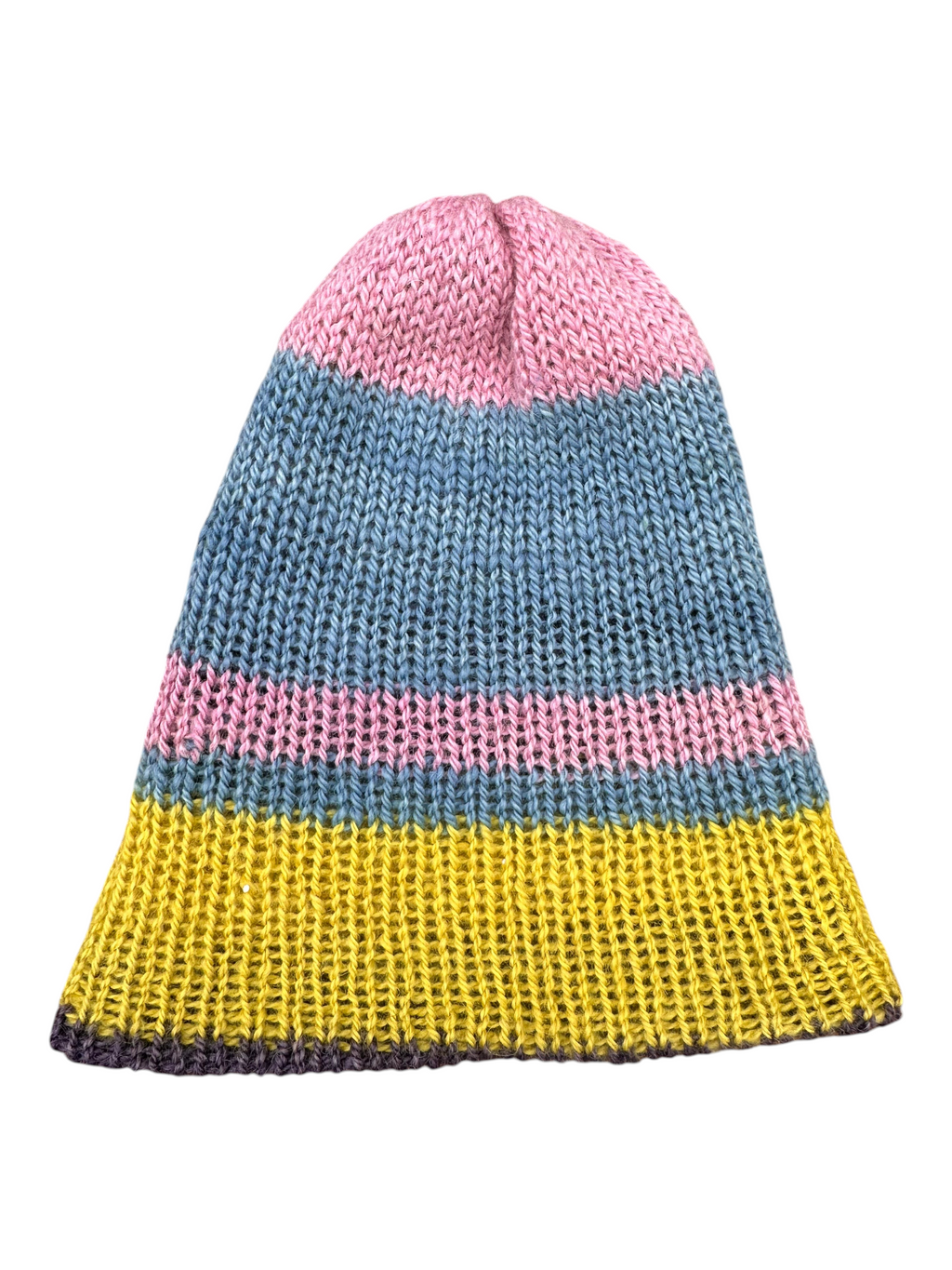 Oak Crest Alpacas and More thick reversible double knit alpaca hat in purple, yellow, blue, and pink stripes.