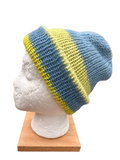 Oak Crest Alpacas and More double knit 100% alpaca hat in blue and yellow stripes on a mannequin head