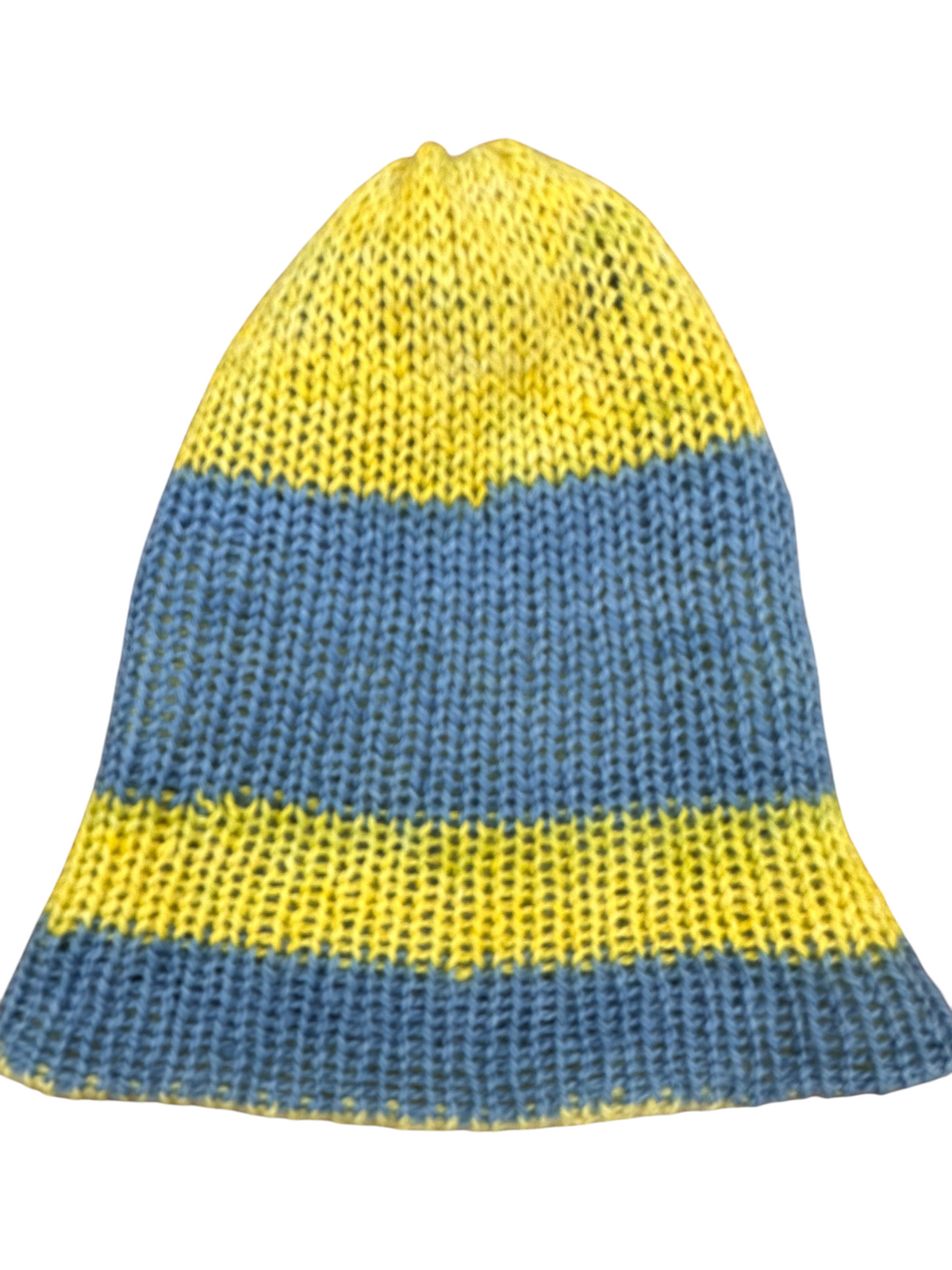 Oak Crest Alpacas and More double knit 100% alpaca hat featuring blue and yellow stripes with a fold over brim.