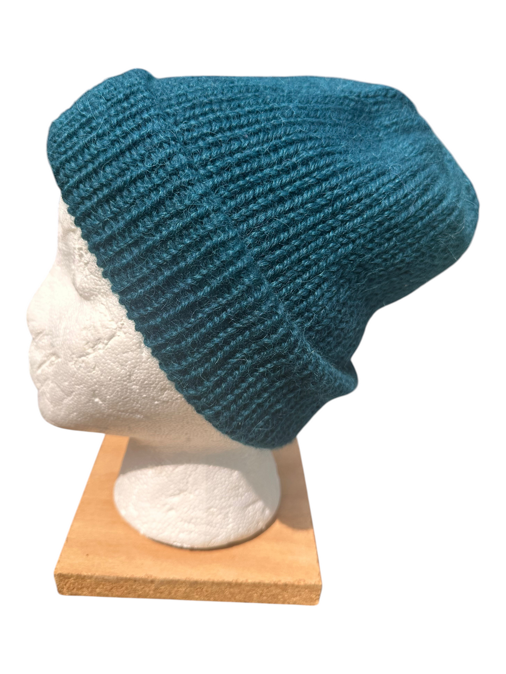 Oak Crest Alpacas and More teal green double knit alpaca and wool beanie with a thick fold over brim