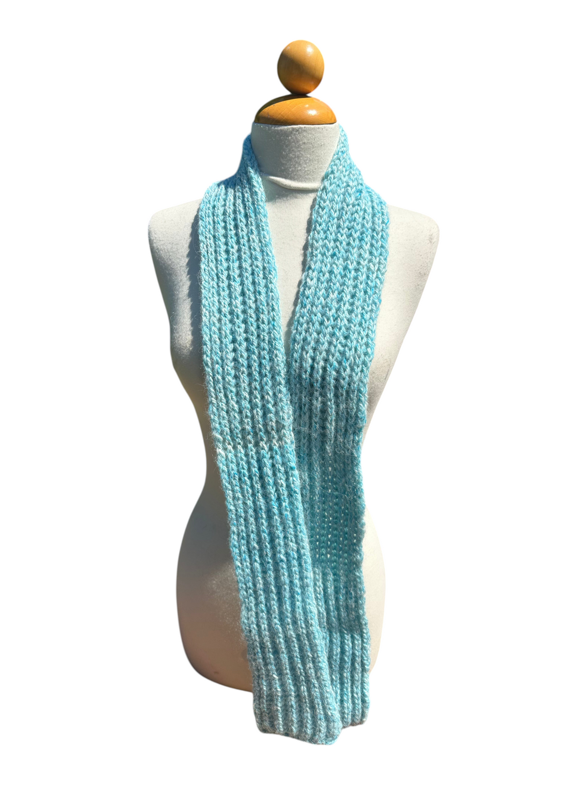 Oak Crest Alpacas and More hand knit tonal turquoise alpaca scarf on a mannequin