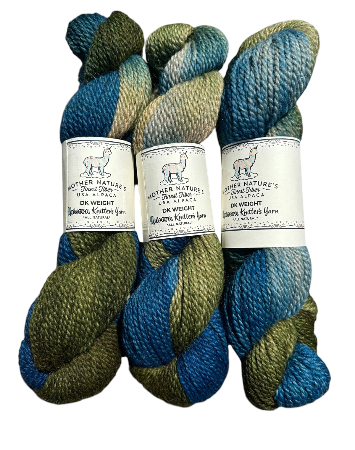 Oak Crest Alpacas and More variegated DK weight yarn in blue and green alpaca merino wool blend