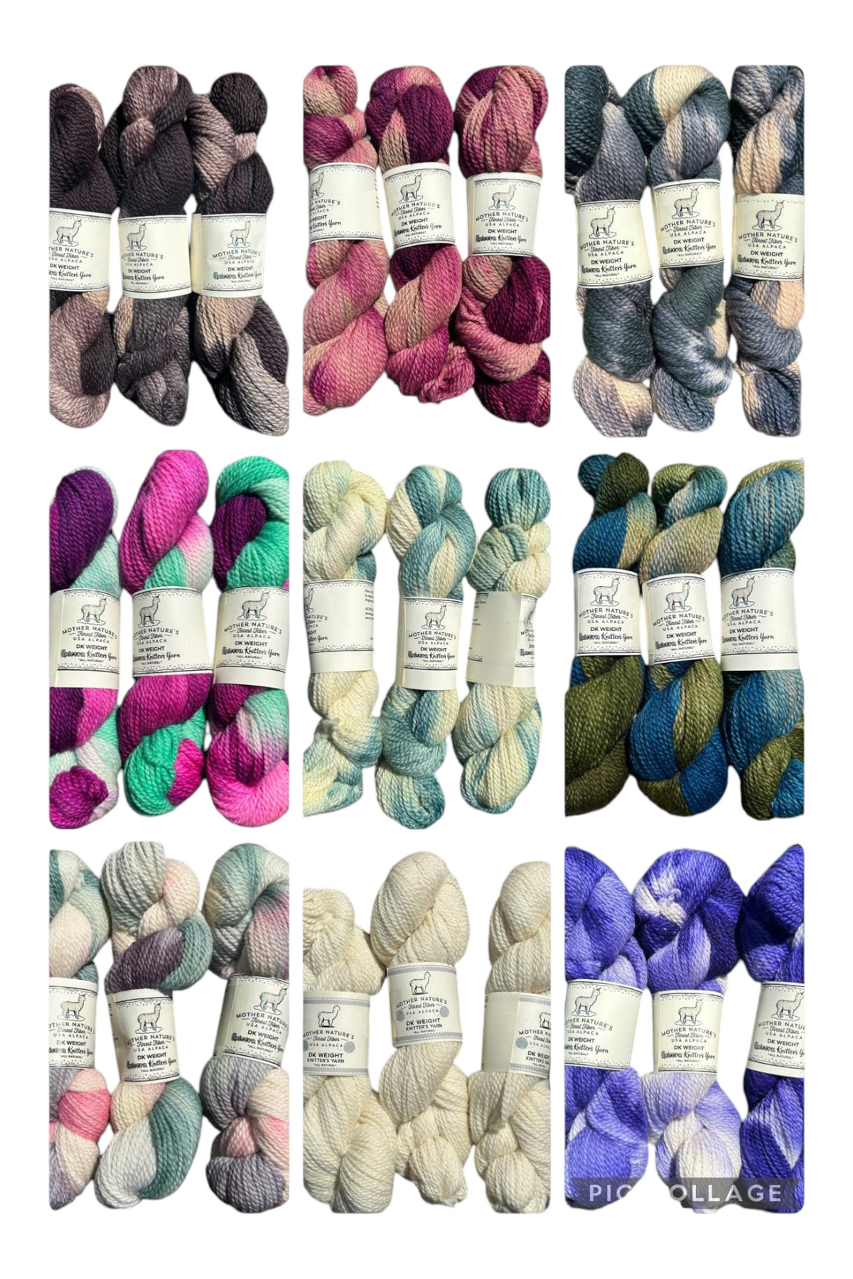 Oak Crest Alpacas and More variegated DK weight alpaca and merino wool yarn skeins in various colorful patterns.