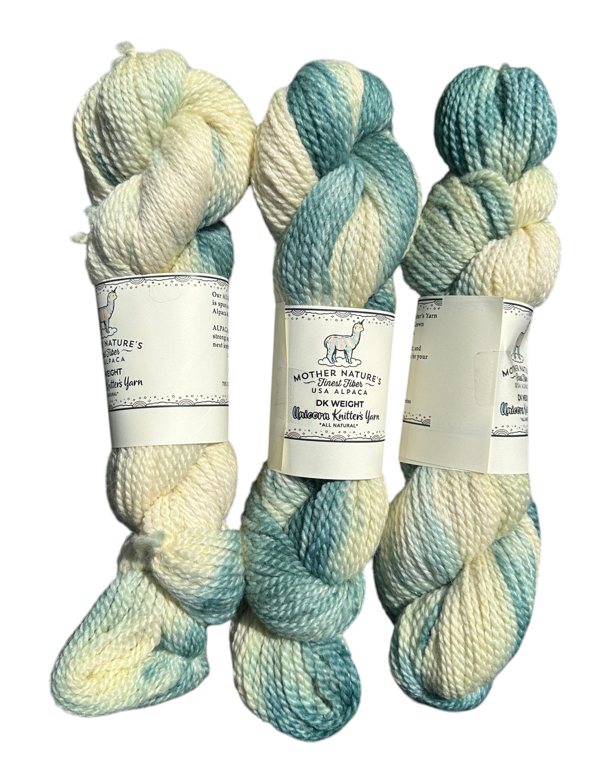 Oak Crest Alpacas and More variegated DK weight yarn in soft cream and teal alpaca merino wool blend