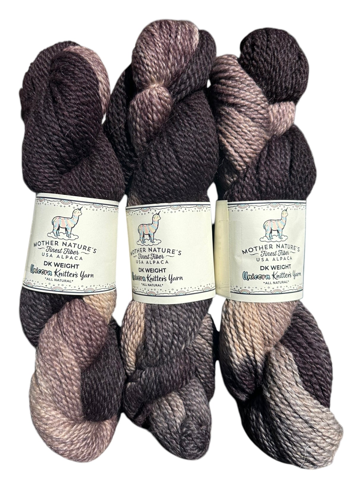 Oak Crest Alpacas and More variegated DK weight yarn in dark brown and grey alpaca merino wool blend