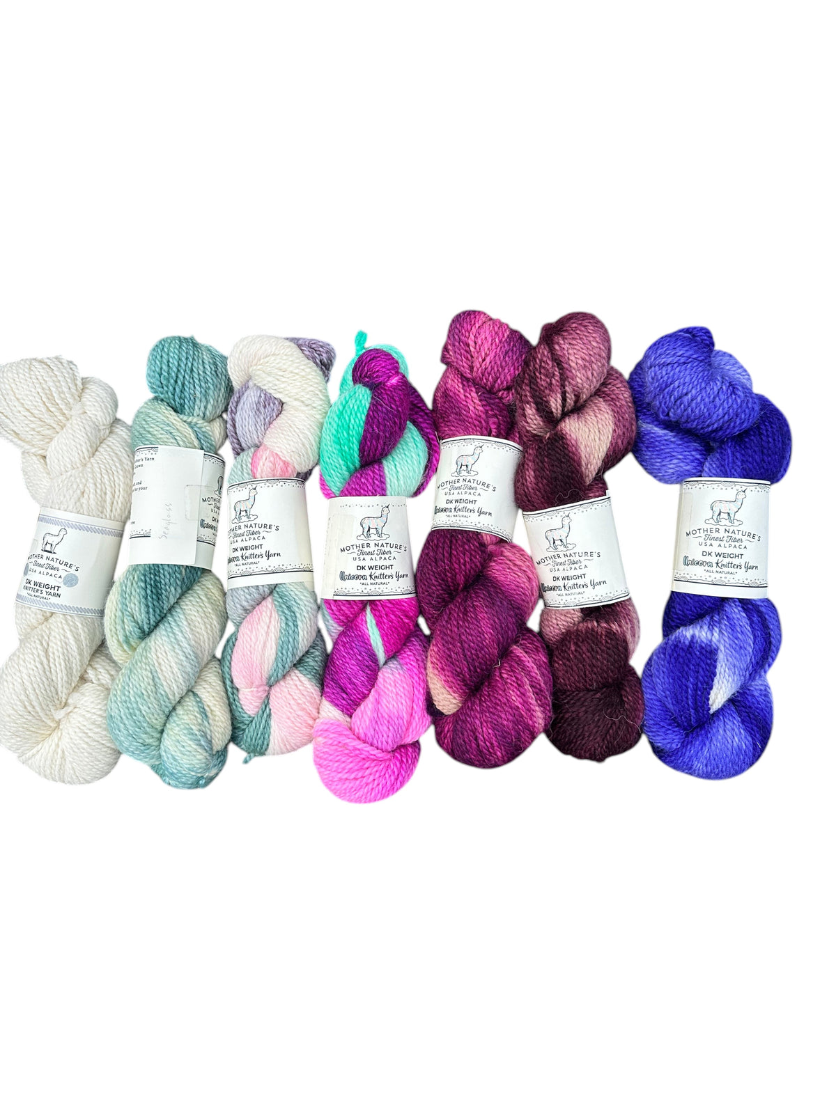 Oak Crest Alpacas and More variegated DK weight alpaca and merino wool yarn skeins in various vibrant colors