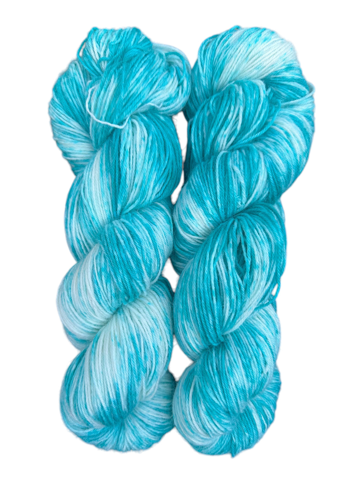 Oak Crest Alpacas and More hand-dyed turquoise and white variegated alpaca nylon fingering weight sock yarn skeins