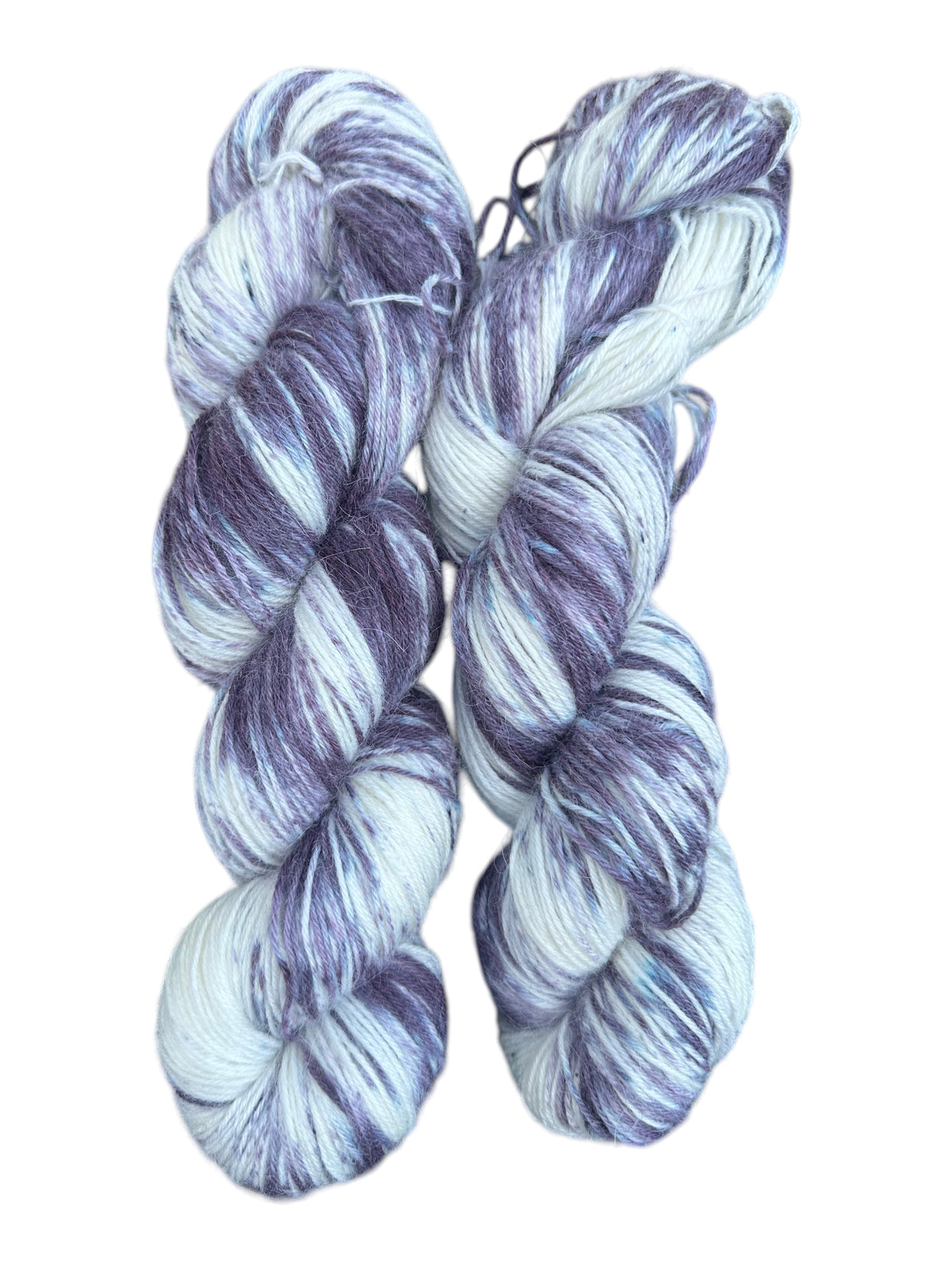 Oak Crest Alpacas and More hand-dyed fingering weight sock yarn in variegated dark purple and cream alpaca blend