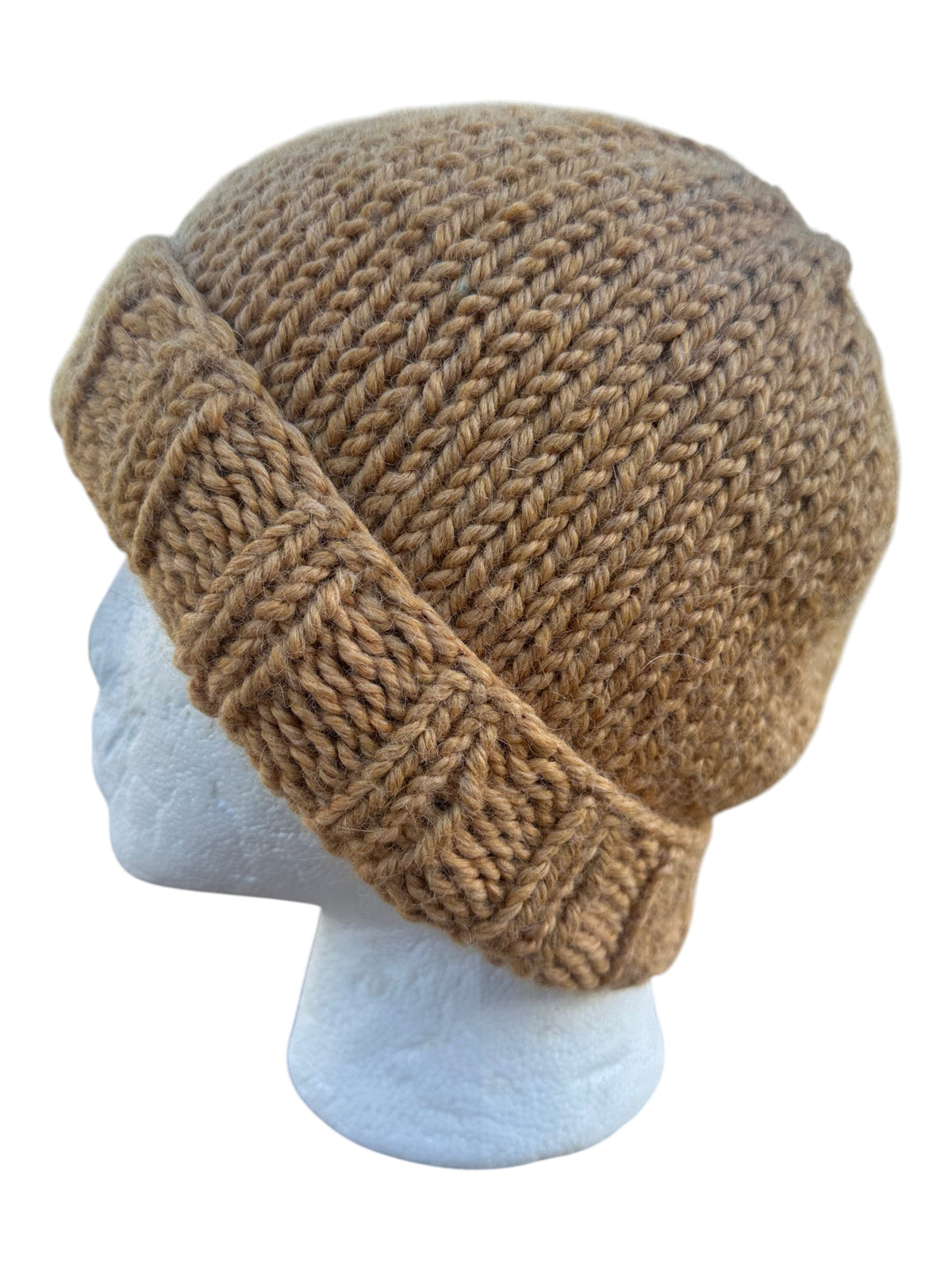 Oak Crest Alpacas and More hand-knit wheat chunky alpaca wool beanie with a folded brim on a mannequin head