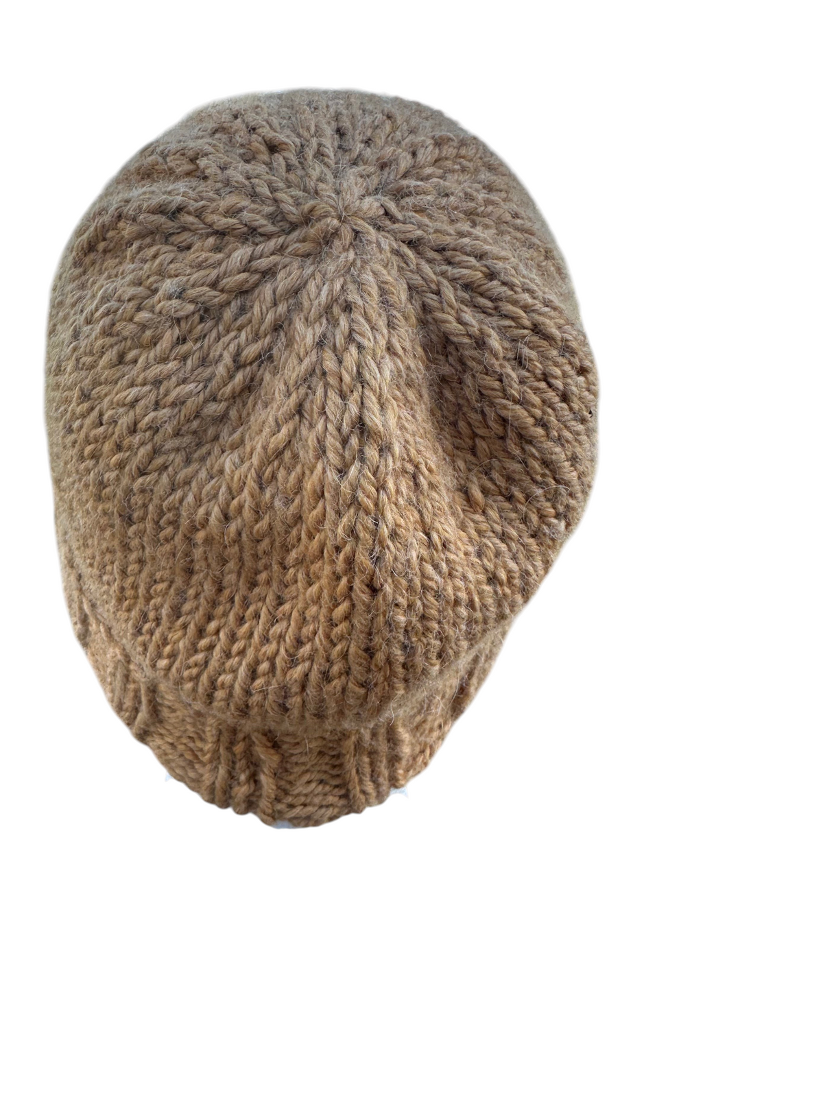 Oak Crest Alpacas and More chunky hand knit wheat coloured alpaca wool winter hat with a slouchy design