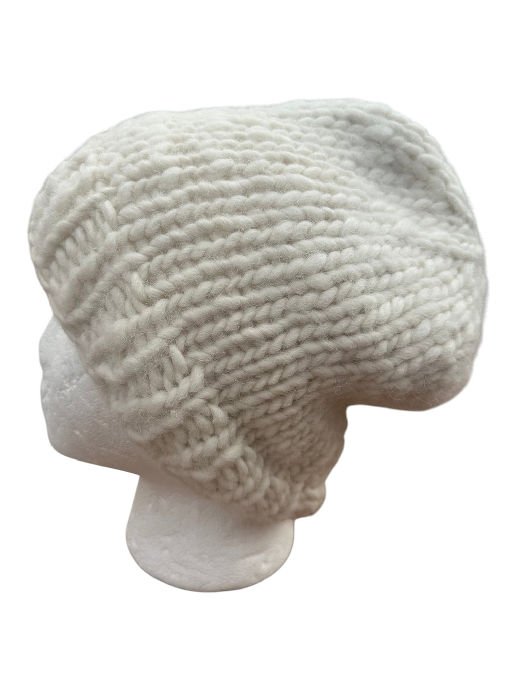 Oak Crest Alpacas and More white hand knit chunky alpaca wool hat with broken ridge texture on a mannequin head