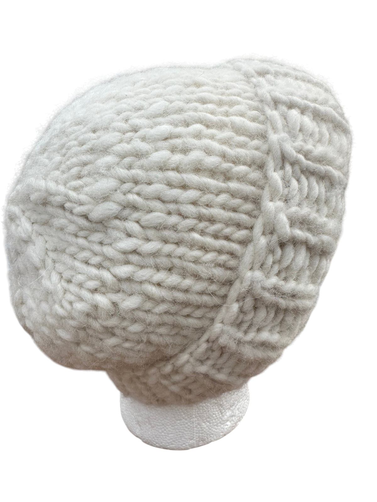 Oak Crest Alpacas and More white hand knit chunky alpaca wool hat with broken ridge texture on a display head