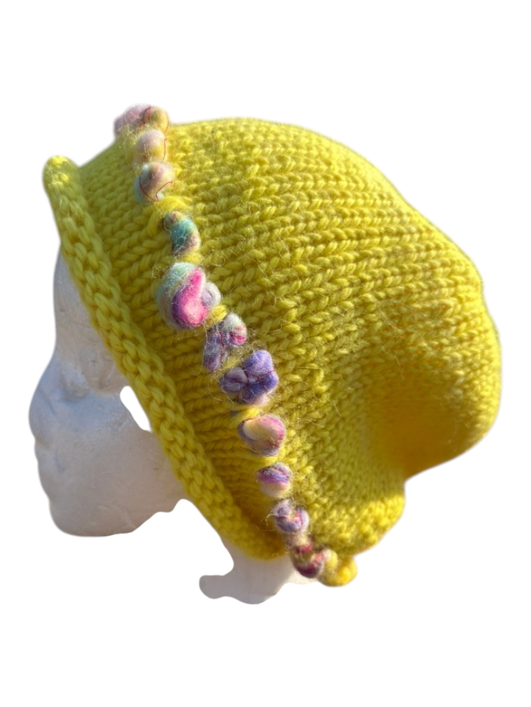 Oak Crest Alpacas and More yellow hand-knit chunky alpaca wool hat with a decorative multi-colored textured trim